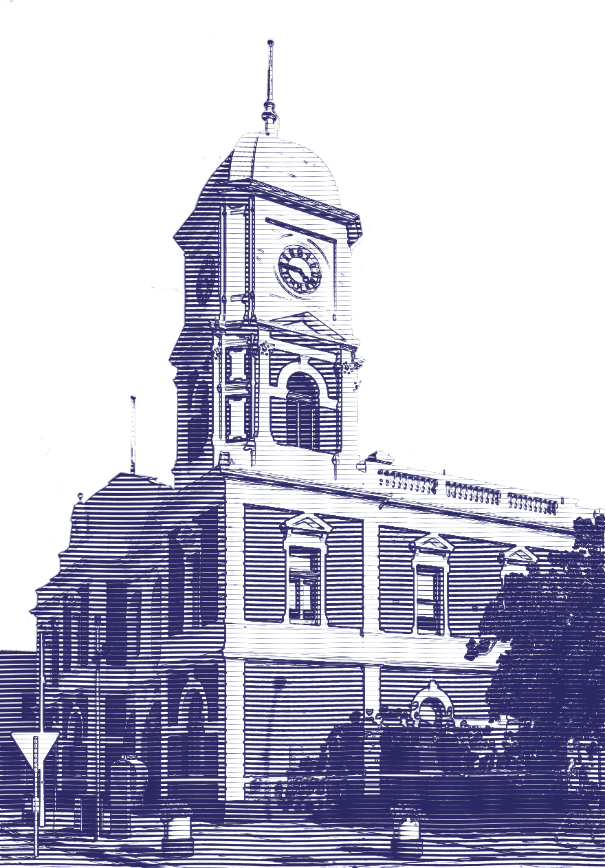 Engraved illustration of the Boulder Town Hall clock tower, a Kalgoorlie-Boulder landmark